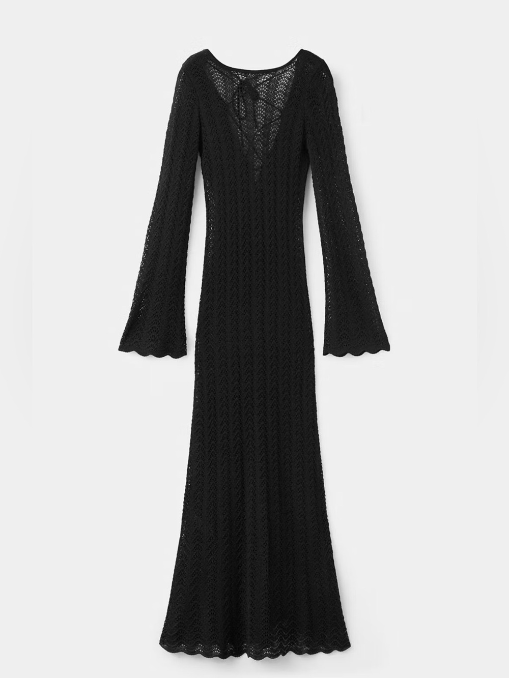 Mango Black Crochet Knit Maxi Dress with Bell Sleeves